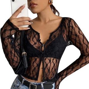 Sheer Lace Fishnet Long Sleeve Top